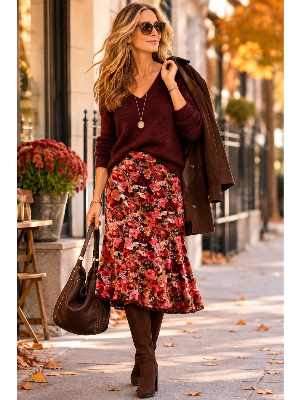 Tögo Floral Cotton Velvet Midi Skirt Fall Dark Romantic Size 4